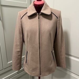 PETER NYGARD Virgin Wool Blend Beige Zipper Blazer with Black Leather Trim Sz 8